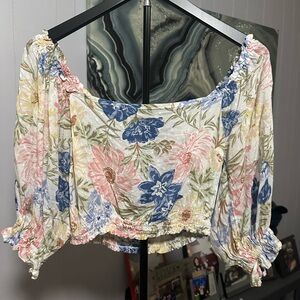 Billabong Women's Floral Puff Sleeve Smocked Crop Top size medium boho fairy